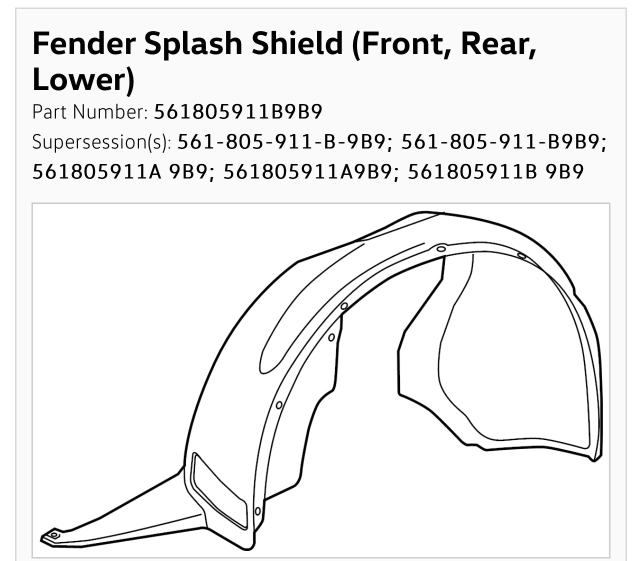 Fender Splash Shield (Front, Rear, Lower)
Part Number: 561805911B9B9