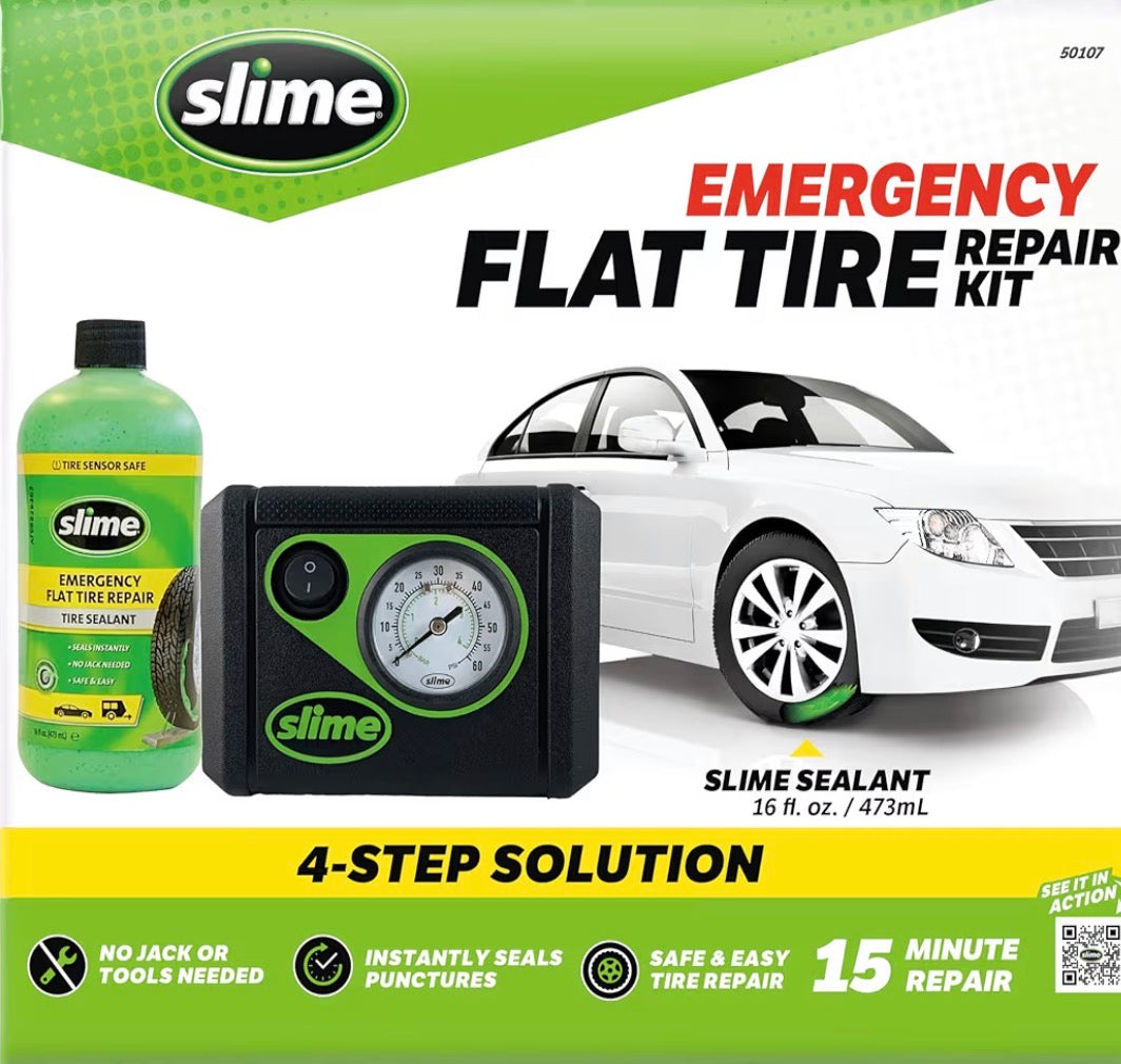 Slime 50107 Flat Tire Puncture Repair, Smart Spair, Emergency Kit For Car Tires, Includes Sealant And Tire Inflator Pump, Suitable For Cars And Other Highway Vehicles, 15 Min Fix
